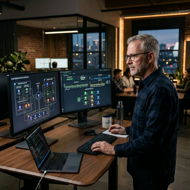 Senior architect working on cloud infrastructure topology at a standing desk