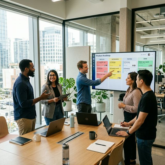 Product and engineering team reviewing roadmap charts during a planning session