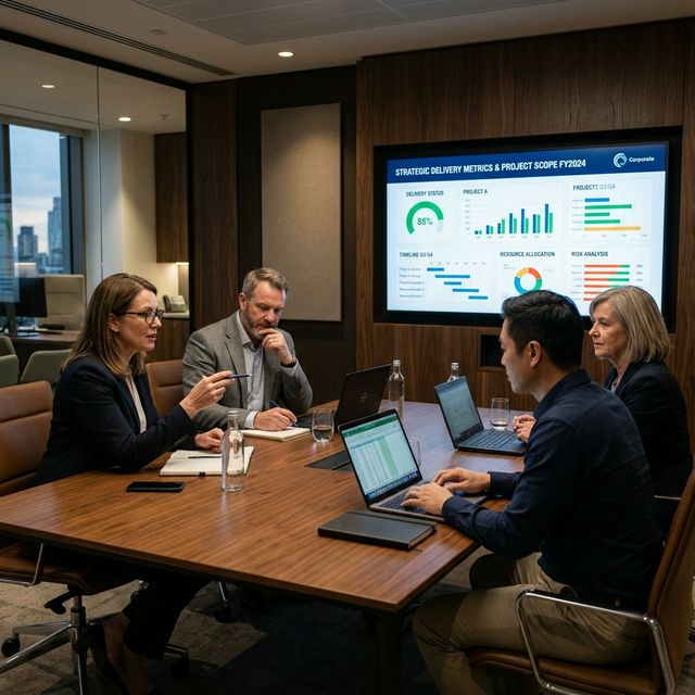Senior leadership team reviewing delivery metrics and project scope